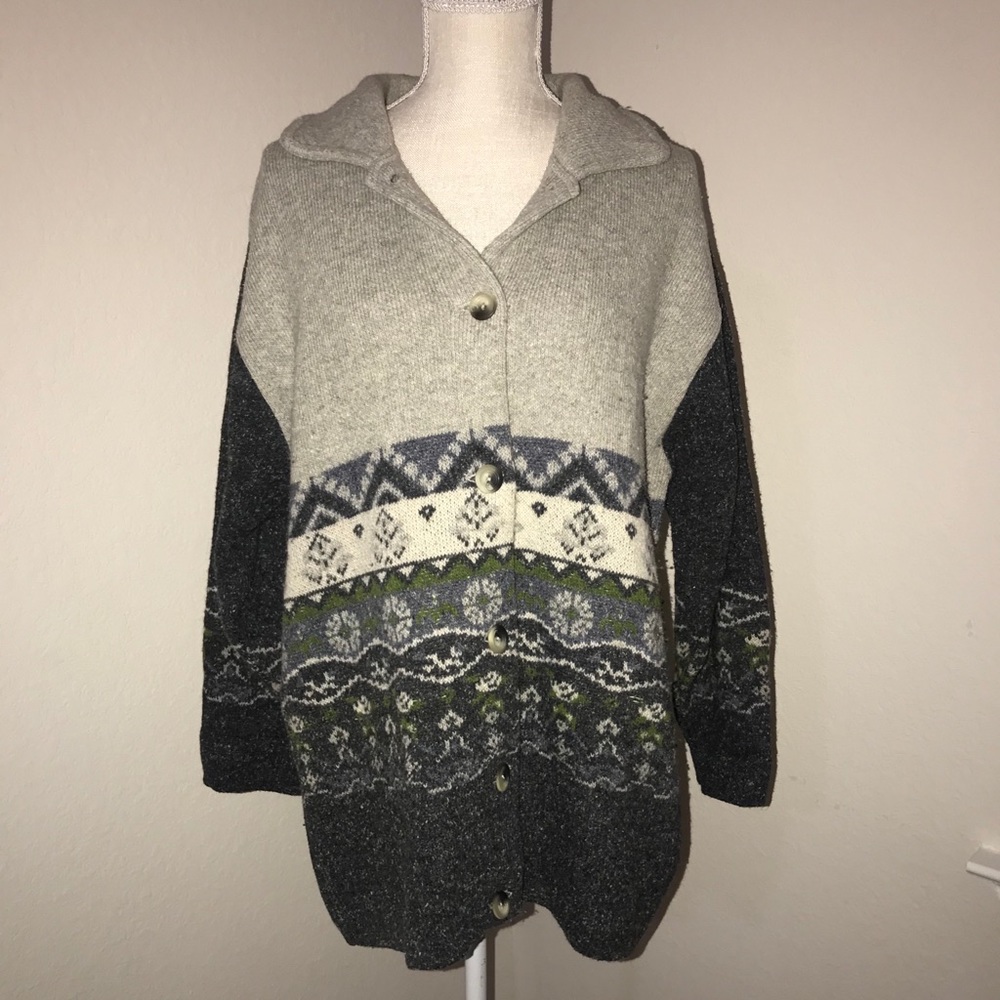 Jacqueline Riu Wool grey vintage button floral sweater size medium